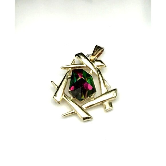 Gold Tone Abstract Pendant With Multicolor Gemstone Centerpiece - Picture 1 of 4